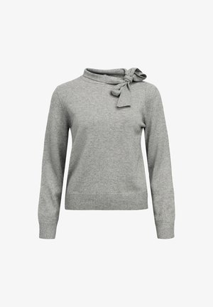 Gray sweater made of soft fabric, featuring a tie detail at the neck, long sleeves, and a ribbed hem. Simple design with minimal patterns.