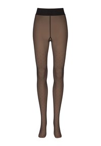 Sheer brown tights with a solid black waistband, featuring small black polka dots on the legs and a smooth texture throughout.