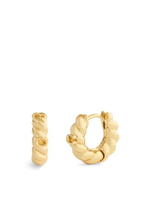 Paire de petites boucles d’oreilles créoles torsadées en or avec une texture polie et arrondie imitant une corde, et une fermeture à charnière.