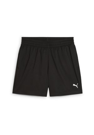 Czarne spodenki sportowe wykonane z lekkiego materiału, z elastycznym pasem w talii i białym logo Pumy na dolnym prawym rogu.