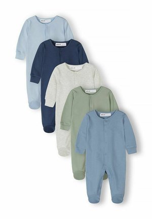 Viis pika varrukaga beebipüksi sinises, meresinis, heleshallis, rohelises ja helesinises toonis, paigutatud üksteise kohale langevas korrapäras.