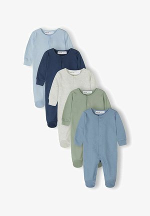 Pet dolgih bodičastih pižam za dojenčke z rokavi, v modri, mornarsko modri, svetlo sivi, zeleni in svetlo modri barvi, razporejenih v padajočem vzorcu.