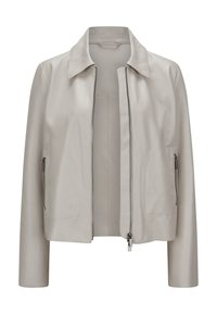 Hellgraue Lederjacke mit einem Frontreißverschluss, spitzem Kragen, langen Ärmeln und zwei seitlichen Taschen. Glatte Textur und minimalistisches Design.