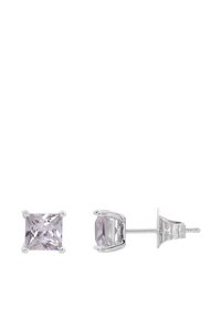 Boucles d'oreilles carrées en lilas, montées sur argent. Présente un design à quatre griffes avec une finition métallique lisse et une surface de gemme brillante.