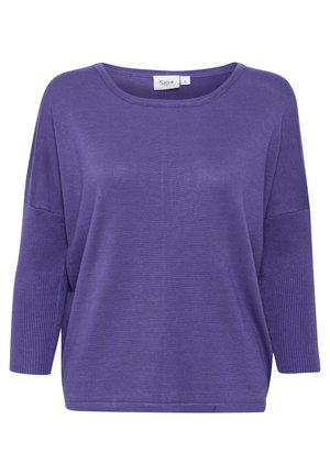 Fioletowy dziany sweter z okrągłym dekoltem i rękawami o długości do łokcia wykończonymi ściągaczem, oznaczony rozmiarem średnim przez Saint.