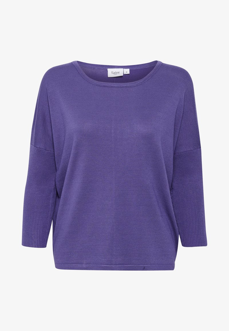 Pull en tricot violet avec un col rond et des manches côtelées trois-quarts, étiquette taille moyenne par Saint.
