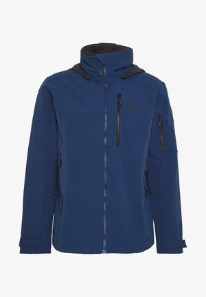Veste bleue avec fermeture éclair à l'avant, accents noirs, plusieurs poches zippées et capuche. Présente une texture de tissu lisse et une silhouette structurée.