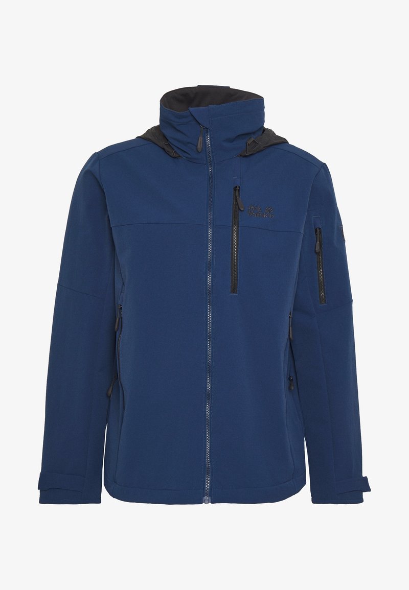 Veste bleue avec fermeture éclair à l'avant, accents noirs, plusieurs poches zippées et capuche. Présente une texture de tissu lisse et une silhouette structurée.
