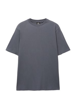 Graues Baumwoll-T-Shirt mit rundem Ausschnitt, kurzen Ärmeln und lockerer Passform. Glatte Textur, keine Muster oder sichtbaren Beschläge.