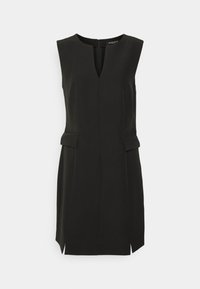 Black sleeveless dress with a V-neckline, side pockets, and a fitted shape. It features a vertical zipper at the back and subtle side slits.