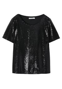 Top corto nero a maniche corte coperto di paillettes, con scollatura rotonda e vestibilità leggermente morbida, dotato di una texture interna liscia.