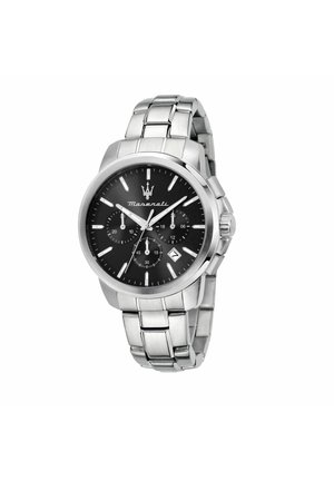 Orologio da polso Maserati in acciaio inossidabile argento con quadrante nero, tre sottoquadranti, finestra per la data e bracciale a maglie metalliche.
