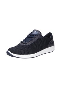 Navy blue sneakers with mesh upper, padded tongue, and textured accents. Features white midsole and rubber outsole for traction.