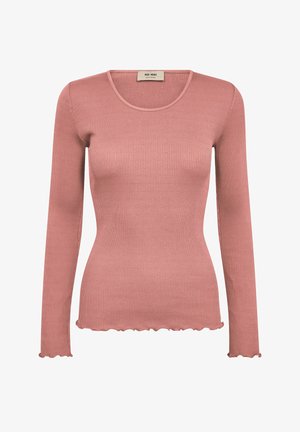Haut rose poudré côtelé à manches longues, col en U avec bords froncés aux poignets et à l'ourlet, style ajusté, étiquette "MOS MOSH" à l'intérieur du col.