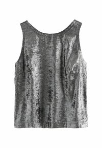 Haut sans manches en métal argenté avec une texture lisse et brillante et une coupe légèrement ample. Présente un décolleté rond et des coutures latérales discrètes.