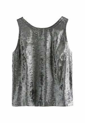 Silver metallic sleeveless top with a smooth, shiny texture and a slightly loose fit. Features a round neckline and subtle side seams.