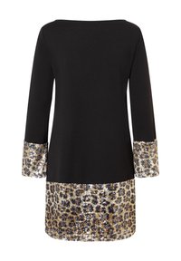 Schwarzes langärmliges Kleid mit glatter Textur, ausgestattet mit einem Leopardenmuster aus Pailletten am Saum und an den Manschetten in Gold- und Silbertönen.