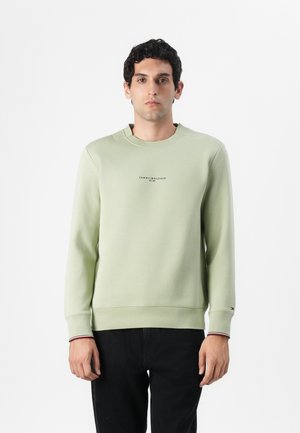 Sudadera verde clara hecha de un tejido suave, con cuello redondo y puños acanalados. Presenta un pequeño logo en el pecho y detalles a rayas en las mangas.