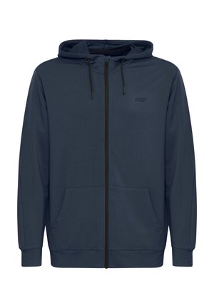 Mørkeblå zip-up hoodie med en frontlynlås, hætte med snoretræk, kangaroo-lommer og ribbede manchetter. Har et logo på øverste venstre side.