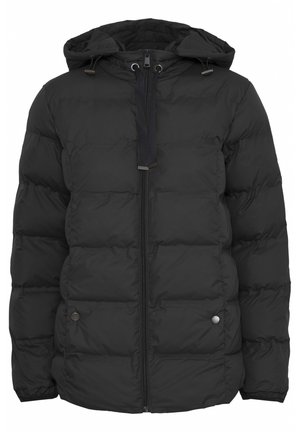 Chaqueta tipo puffer negra con capucha, que presenta secciones acolchadas, cremallera frontal, dos detalles de botones a presión y cordón ajustable.