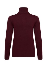 Pull à col roulé à manches longues rouge foncé avec col, poignets et ourlet côtelés, vu de dos sur fond blanc.
