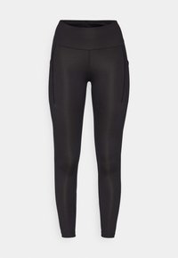 Sorte leggings med høy midje, med to sidelommer og en glatt, elastisk tekstur. Designet for komfort og bevegelighet.