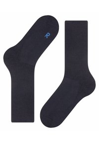 Calzini in cotone blu navy scuro con texture a coste, dotati di tallone e punta rinforzati. Piccolo dettaglio blu "R" per l'identificazione del calzino destro.