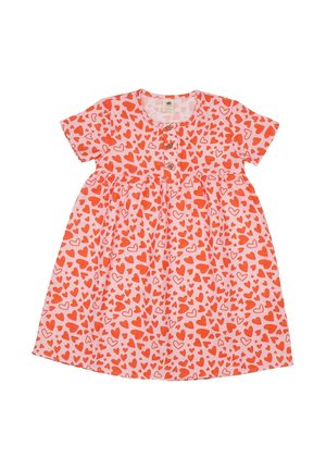Rosa Baby-Kurzarmkleid mit orangefarbenen Herzmustern und drei Holzknöpfen auf dem Vorderteil.