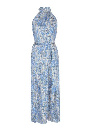 Maksimali suknelė mėlynu gėlių paisley raštu, su kaklo atrama, lengva medžiaga ir juosmens juosta. Elegantiškai krenta iki žemės.