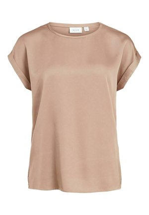 Beige short-sleeve blouse made of smooth fabric with a round neckline and rolled cuffs. Features a loose fit and straight hemline.