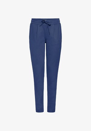 Pantalons de jogging bleu marine en matériau doux, avec une taille à cordon de serrage, deux plis à l'avant et une jambe fuselée.