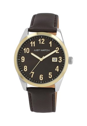 Braune Lederarmbanduhr mit schwarzem Zifferblatt, goldfarbenem Ziffernrand, großen weißen arabischen Ziffern, silbernen Zeigern und einer Datumsanzeige auf der 3-Uhr-Position.