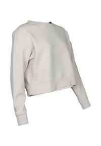 Ljusgrå cropped sweatshirt i slät väv, med rund halsringning och ribbade muddändar med dekorativa knappar på ärmarna.