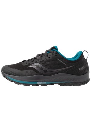 Schwarzer und türkisfarbener Trail-Laufschuh mit Schnürdesign, robustem Profil, PWRTRAC-Griff, Gore-Tex Invisible Fit und Saucony-Logo an der Seite.