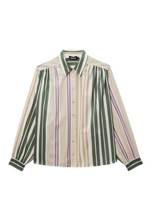 Chemise à manches longues avec boutons, à rayures verticales vertes, beige, blanches et violettes, dotée d'un col pointu et de manches retroussées.