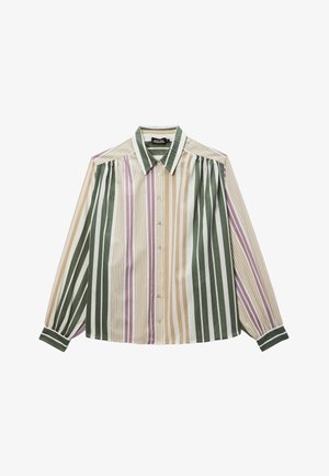 Chemise à manches longues avec boutons, à rayures verticales vertes, beige, blanches et violettes, dotée d'un col pointu et de manches retroussées.