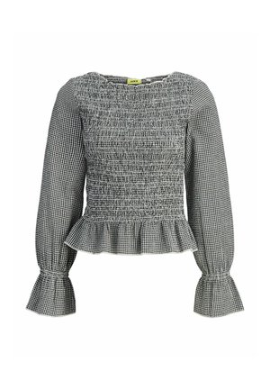 Bluză cu mâneci lungi în carouri alb-negru, cu bodice strâns cu smocuri, tiv cu volane și manșete evazate.