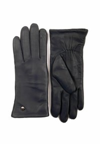 Pair of black leather gloves, one showing the palm with elastic wrist, the other showing back with a small metal logo detail.