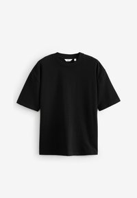Tricou scurt negru din bumbac, cu guler rotund și o croială lejera. Design simplu, fără modele sau accente suplimentare.