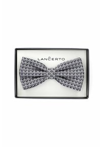 Szary muszka w pudełku, z geometr pattern z trójkątnymi kształtami, wykonana z teksturowanej tkaniny, z zapięciem w centralnej części.