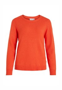Pull orange en tricot avec un col rond, des manches longues et des poignets et un ourlet côtelés. Texture lisse avec une couleur uniforme partout.