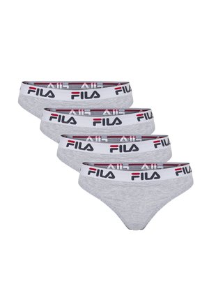 Fire grå dameunderbukser med hvide elastiske linninger med FILA-logoet i sort og rød, stablet diagonalt på en hvid baggrund.