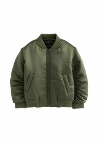 Giacca bomber verde oliva realizzata in tessuto liscio e lucido. Presenta una cerniera frontale, colletto e polsini a coste, e due tasche laterali.