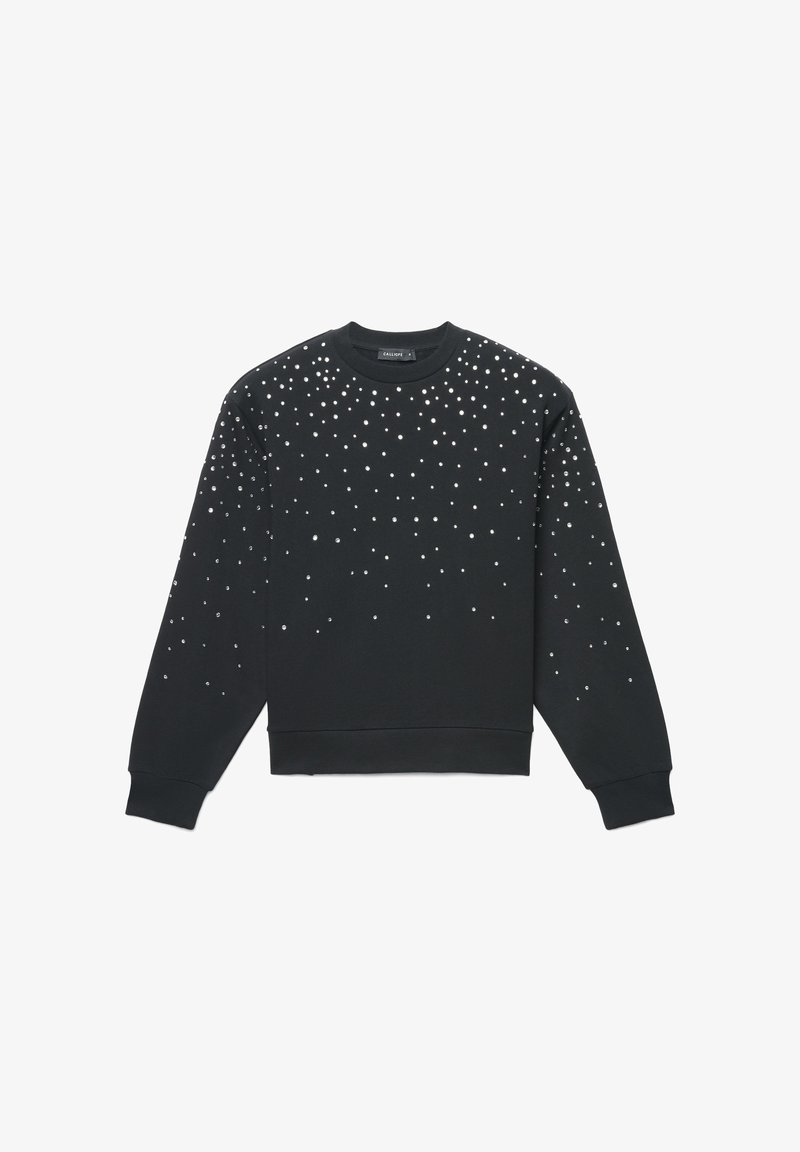 Felpa nera con applicazioni rotonde sparse sulla parte anteriore, scollo rotondo e polsini e orlo a costine. Tessuto morbido al tatto.