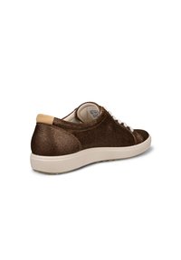 Brown textured sneakers with a white sole and laces. Rear features a light tan accent at the heel. Displays a smooth, sleek design.