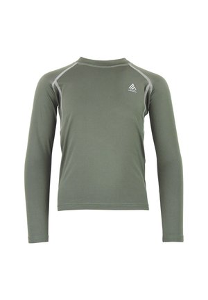 Rash guard à manches longues en tissu vert olive. Il présente un col rond, des coutures contrastantes et un petit logo sur la poitrine gauche.