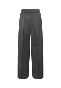 Pantalones de pierna ancha grises que presentan una cinturilla entallada, dos pliegues frontales y una tela texturizada para un look estructurado.