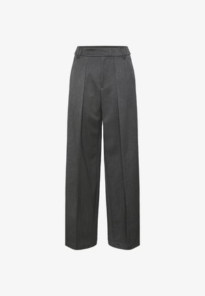 Sive široke hlače s pojasom prilagođenim kroju, dva prednja nabora i teksturirana tkanina za strukturalni izgled.