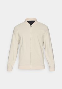 Light beige bomber jacket with a zip front, standing collar, long sleeves, and ribbed cuffs. Smooth fabric with minimal detailing.