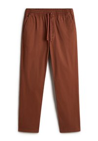 Pantalon décontracté de couleur rouille avec ceinture élastique et cordon de serrage, poches avant, coupe droite, étalé à plat sur fond blanc.